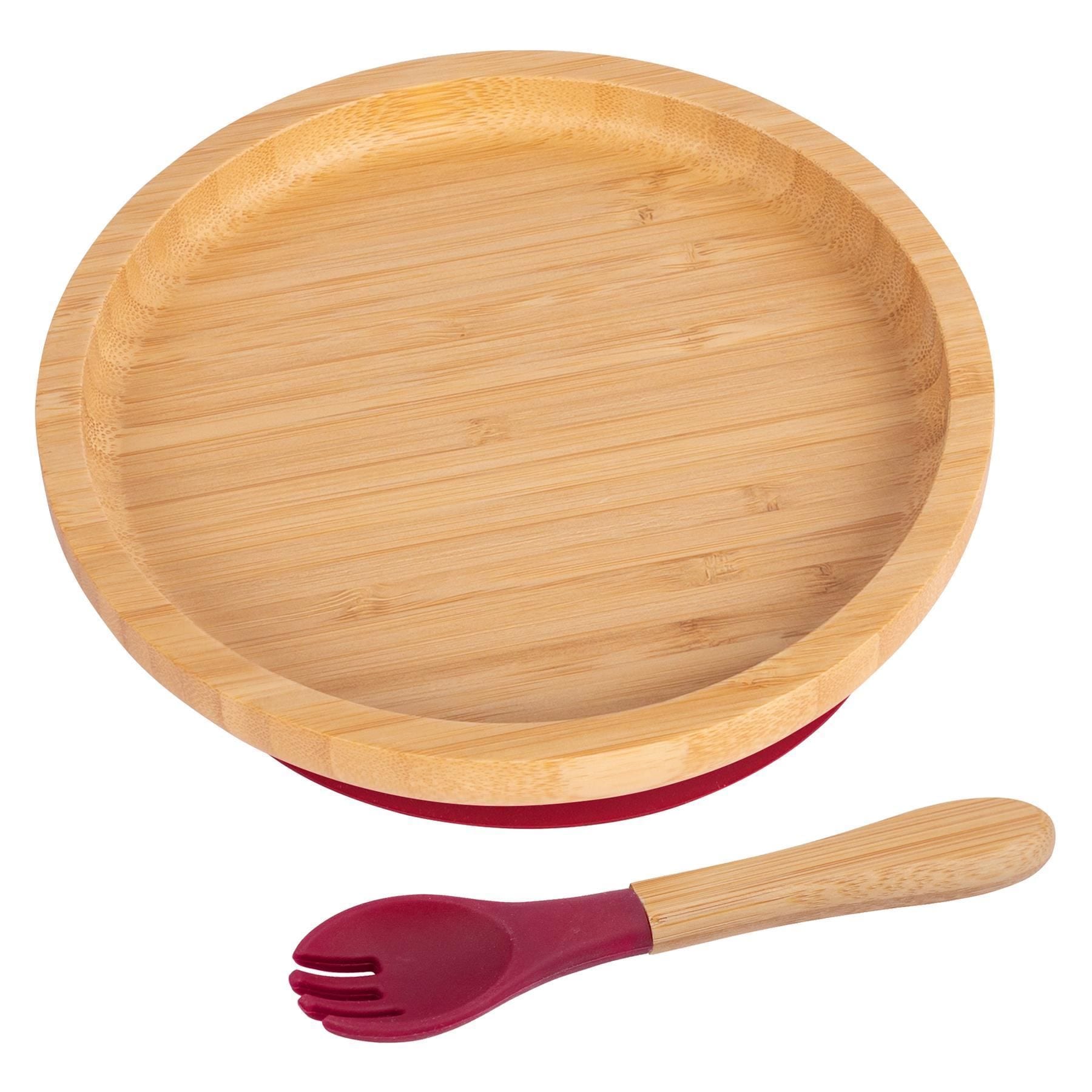 Tiny Dining Bamboo Round Baby Weaning Plate & Fork Set in Red