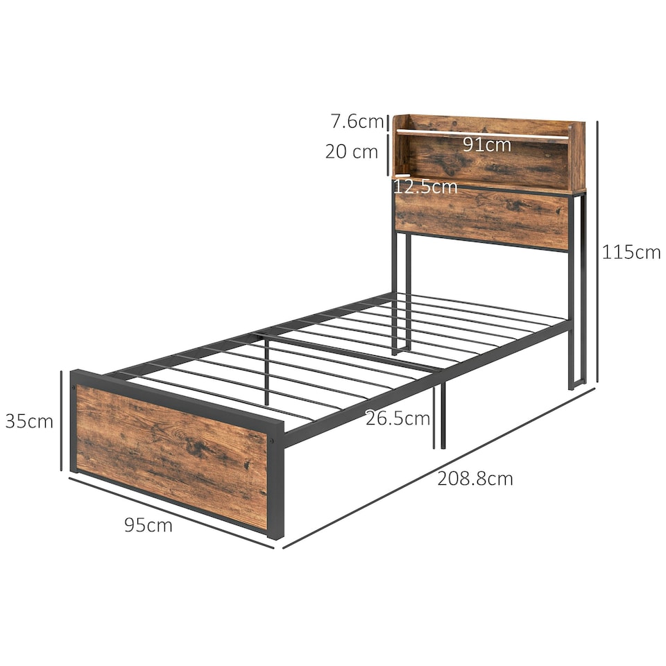 image 1 of HOMCOM 3.1FT Single Bed Frame with Storage Headboard and Under Bed Storage