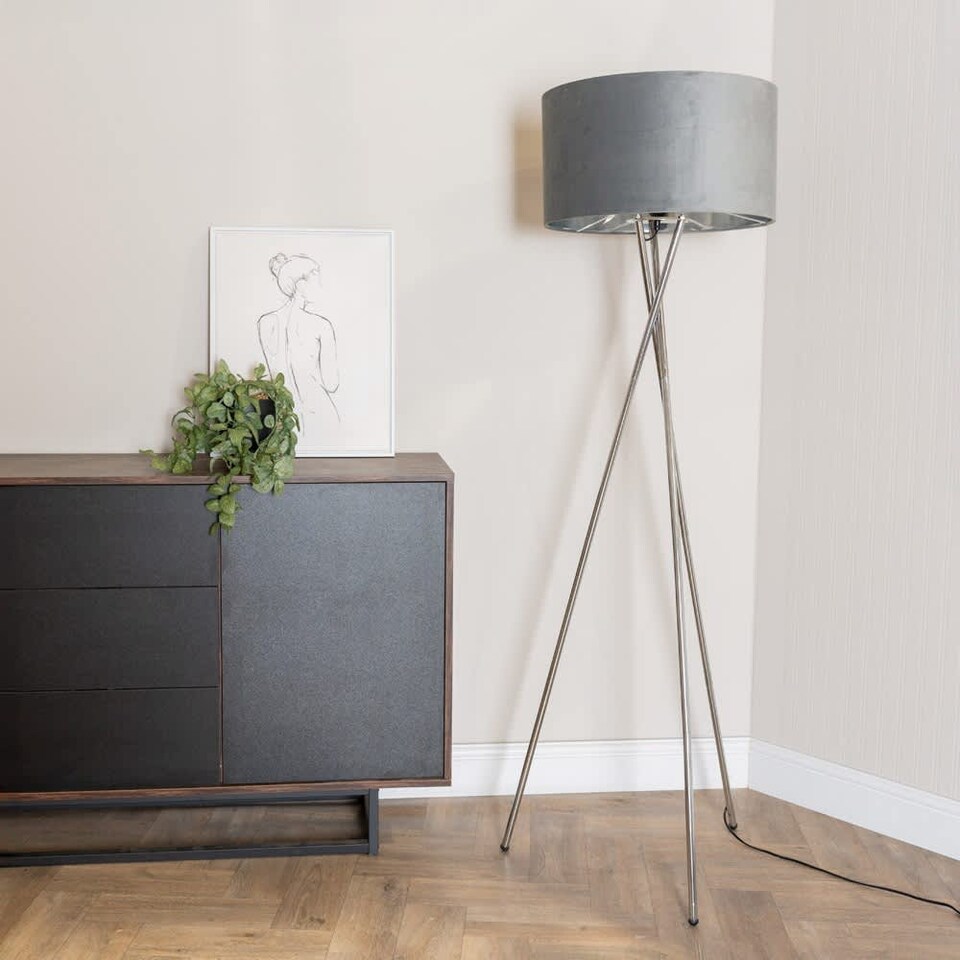 image 1 of ValueLights Camden Chrome Tripod Floor Lamp Grey Velvet Shade & Bulb | Grey