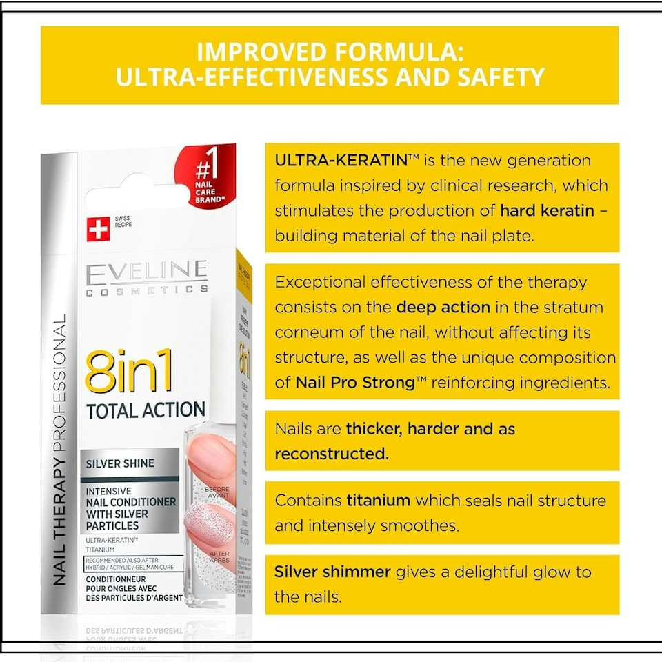 image 1 of Eveline Nail Therapy Total Action Concentrated Nail Conditioner with Silver Particles 8in1 Silver Shine 12ml