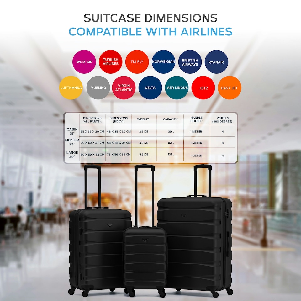 image 1 of Flight Knight Set of 3 Lightweight 4 Wheel ABS Hard Case Suitcases Cabin & Hold Luggage, 100+ Airlines Approved - easyJet, British Airways, Ryanair, Jet2 Blue | Navy