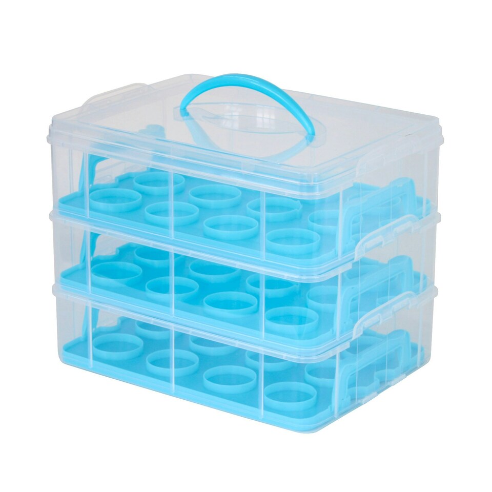 image 1 of Oypla Blue 3 Tier 36 Cupcake Plastic Carrier Holder Storage Container Blue