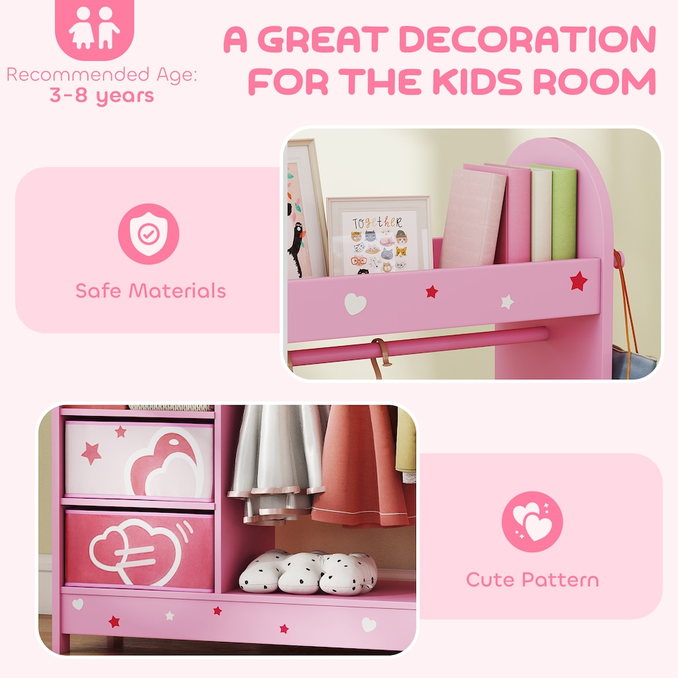 image 1 of AIYAPLAY Kids Wardrobe, Kids Clothes Rail with Mirror for Bedroom, Pink