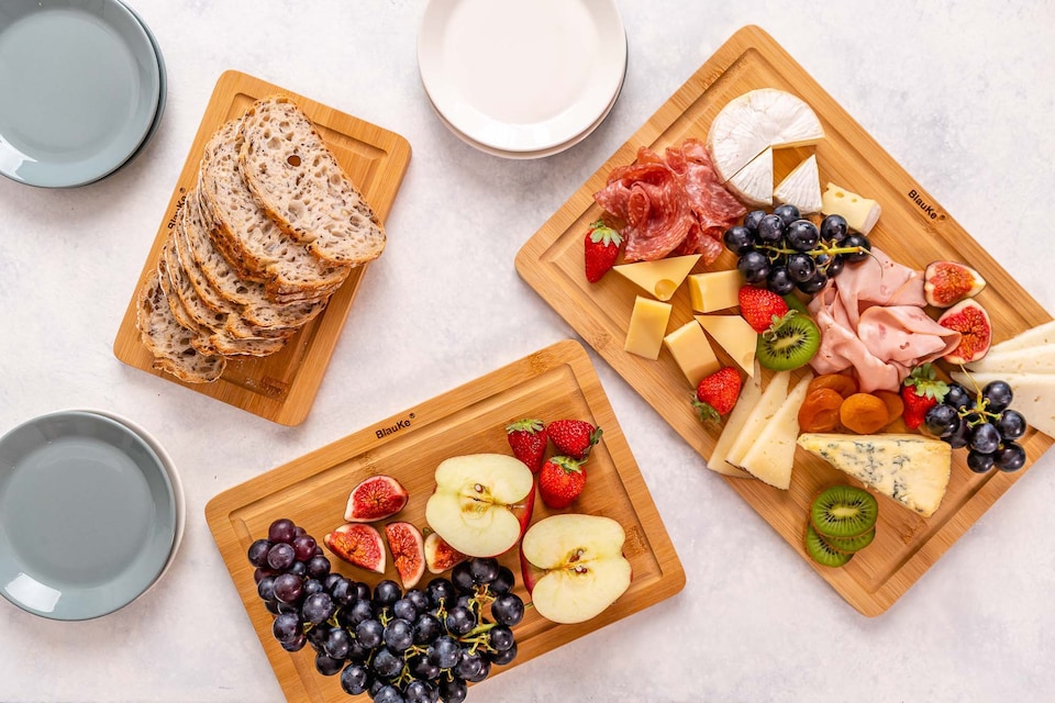 image 1 of BlauKe Wood Cutting Boards for Kitchen - Bamboo Cutting Board Set with Juice Groove and Handles - Wooden Chopping Board