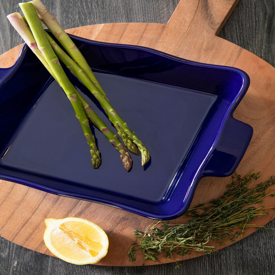 image 1 of Interiors by Premier Functional Design Square Oven Dish, Durable Stoneware Baking Dish With Handles, Stylish Blue And Cream Multi