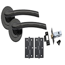 Golden Grace Indiana Style Modern Door Handles on Round Rose in Polished Black Nickel Finish with Ball Bearing Hinges & 64mm Tubular Latch | Black | 1 Set
