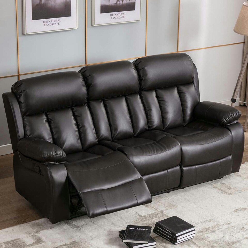 image 1 of Chester 3 Seater Manual High Back Bonded Leather Recliner Sofa (Brown