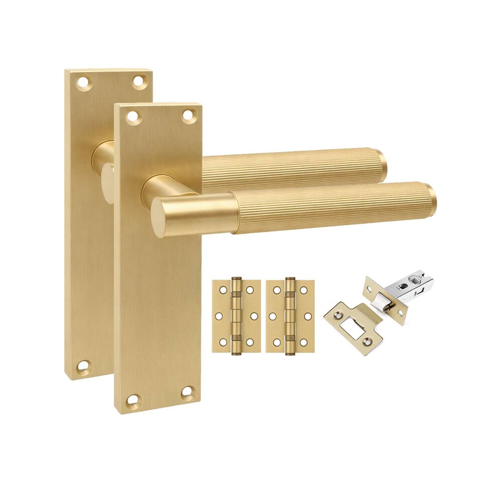 image 1 of Golden Grace 6 Pairs Victorian T-Bar Linear Design Door Handle on Backplate Satin Brass with 2.5" Latch & Hinges - 150mm x 40mm