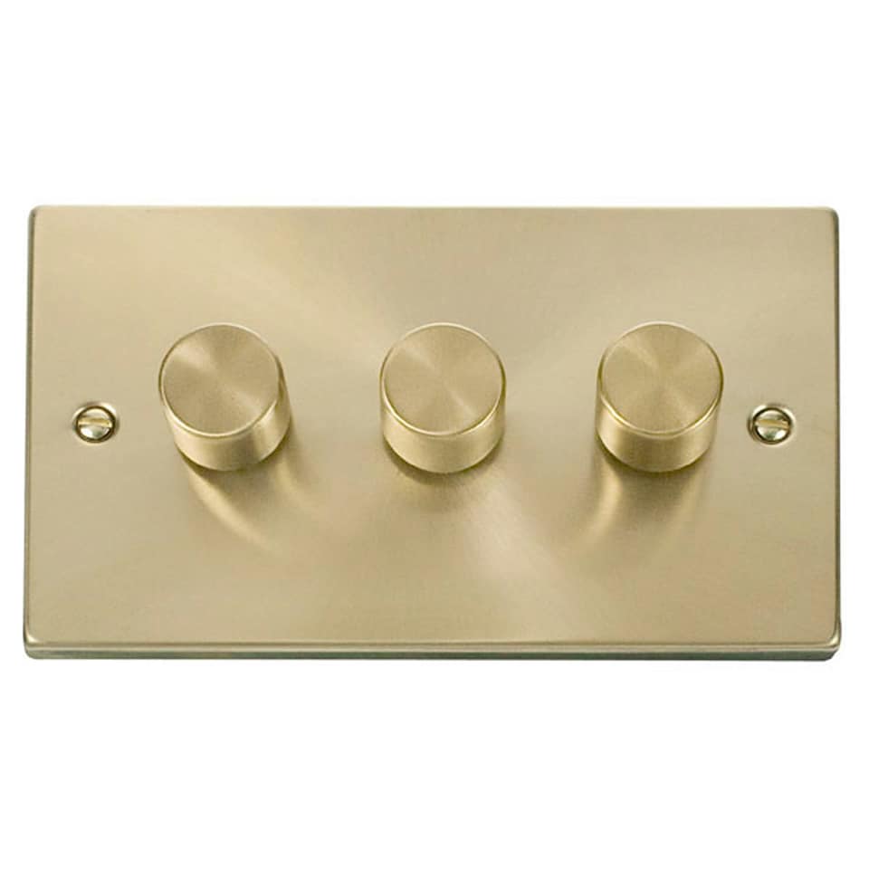 image 1 of SE HOME Satin Brushed Brass 3 Gang 2 Way LED 100W Trailing Edge Dimmer Light Switch | Gold | Satin Brass