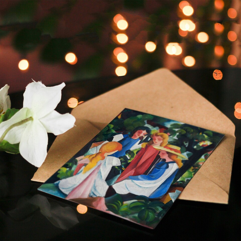 image 1 of August Macke Art Card Four Girls Colourful Oil Painting