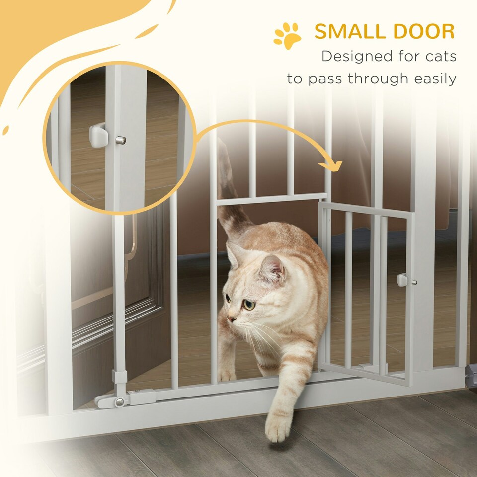 image 1 of PawHut Extra Tall Dog Gate with Cat Door Auto Close for Stairs 74-80 cm Wide