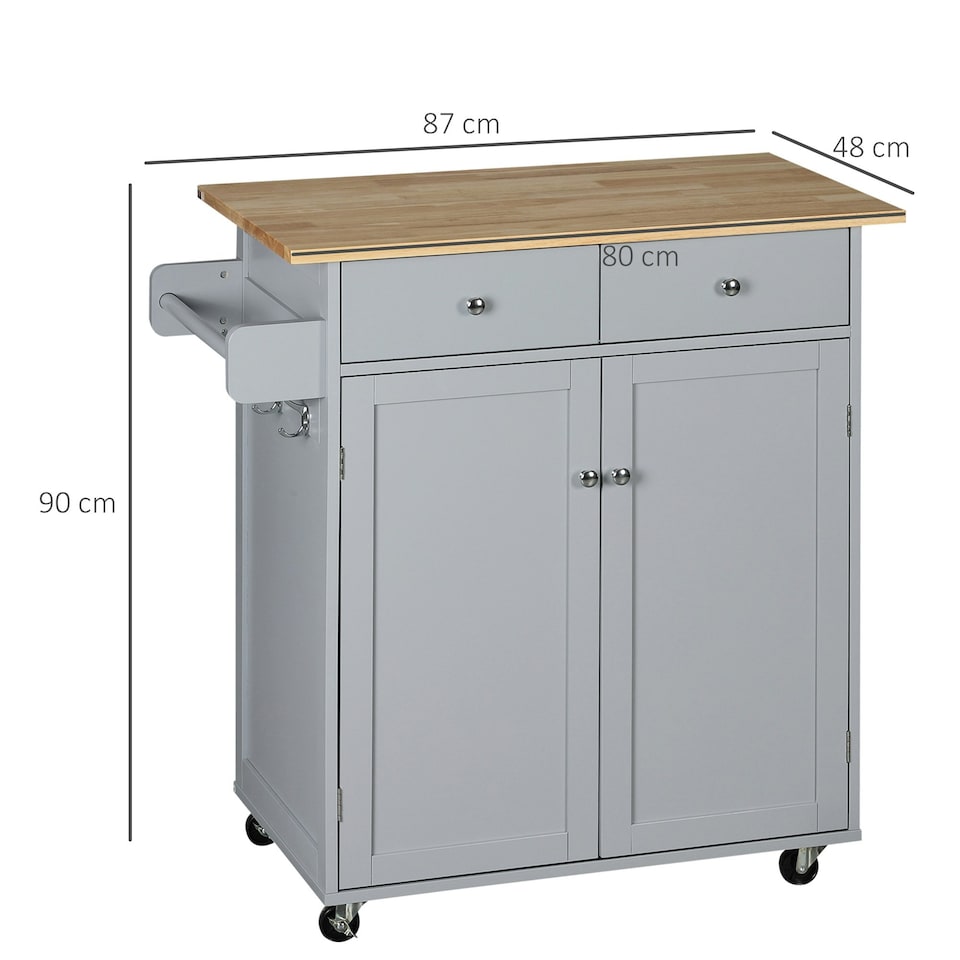 image 1 of HOMCOM Rolling Kitchen Island, Utility Serving Cart with Rubber Wood Top Grey