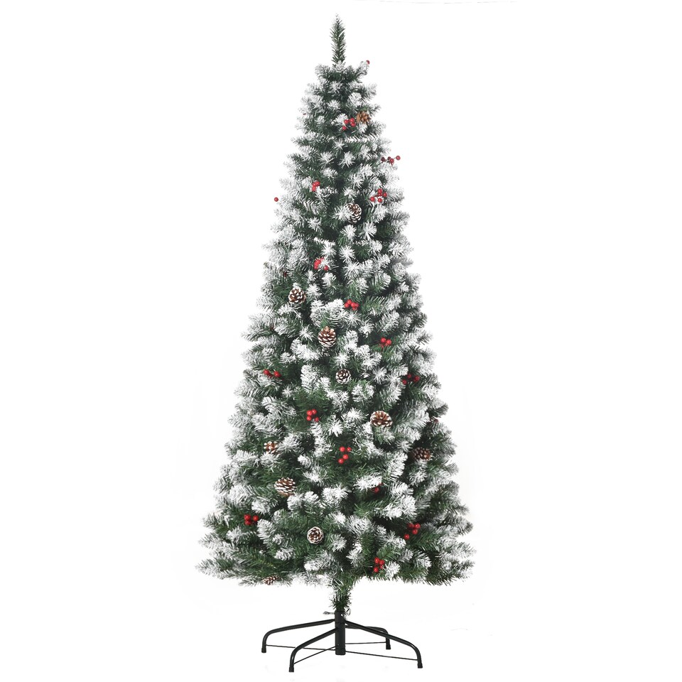 image 1 of HOMCOM 6FT Artificial Christmas Tree mas Pencil Tree with Red Berries and Pinecones Holiday Home Indoor Decoration with Foldable Feet, Green