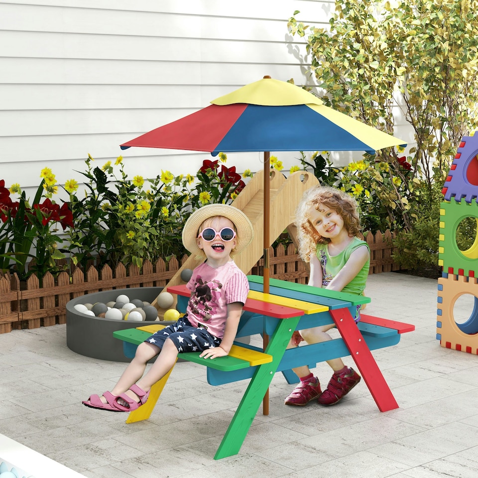 image 1 of Outsunny Kids Table and Chair Set w/ Removable Parasol, for Ages 3-6 Years