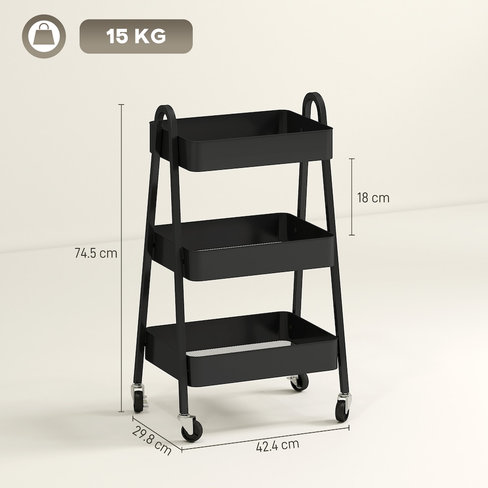 image 1 of HOMCOM 3-Tier Storage Trolley on Wheels, Rolling Utility Cart with Handles, Mobile Kitchen Storage Cart for Living Room, Dining Room, Bedroom, Bathroom, Black