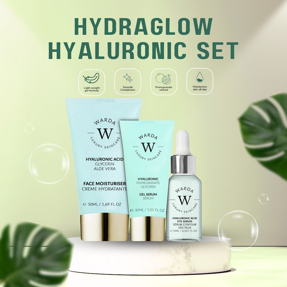 image 1 of Warda Luxury Skincare Skin Hydration Boost Hyaluronic Acid Moisturiser 50ml + Skin Hydration Boost Hyaluronic Acid Eye Serum 15ml + Skin Hydration Boost Hyaluronic Acid Gel Serum 30ml