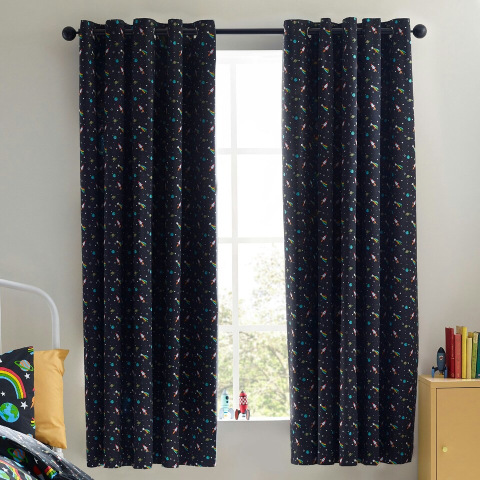image 1 of Catherine Lansfield Rainbow Rockets Fully Reversible 66x72 Inch Eyelet Curtains Black | Black