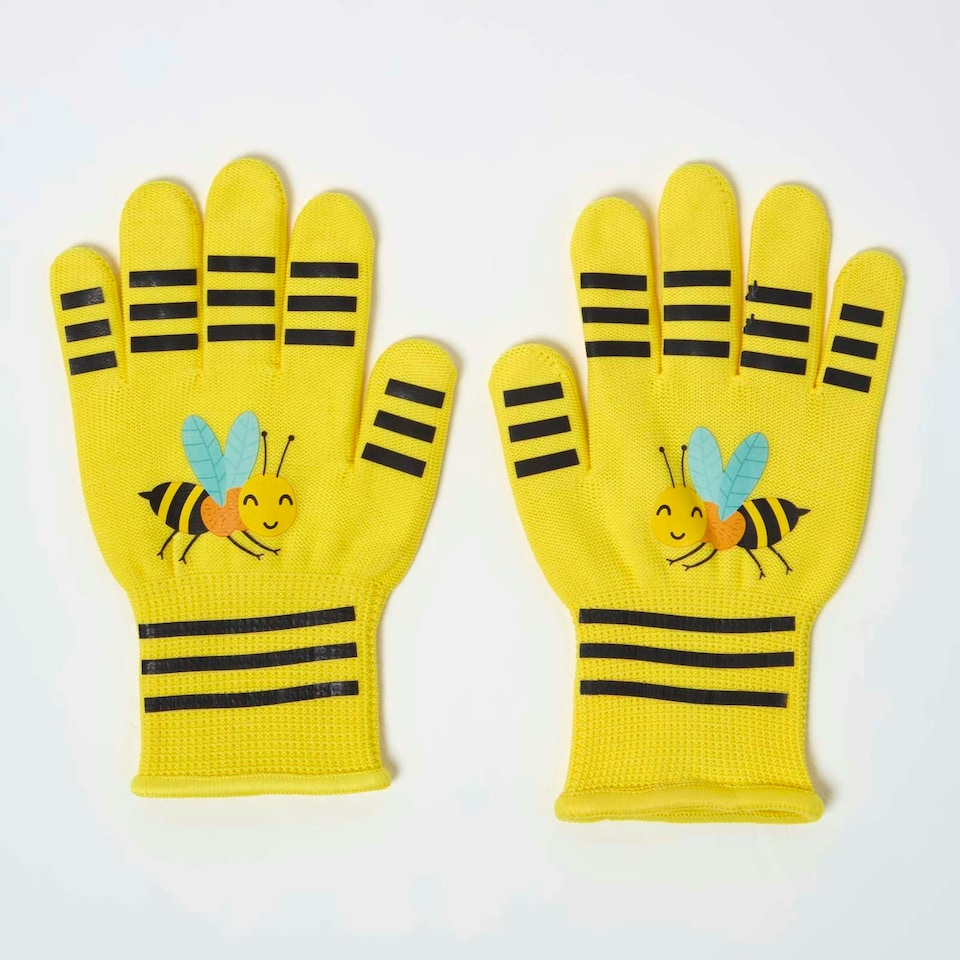 image 1 of Homescapes Children's Gardening Gloves with Yellow Bee Design Green