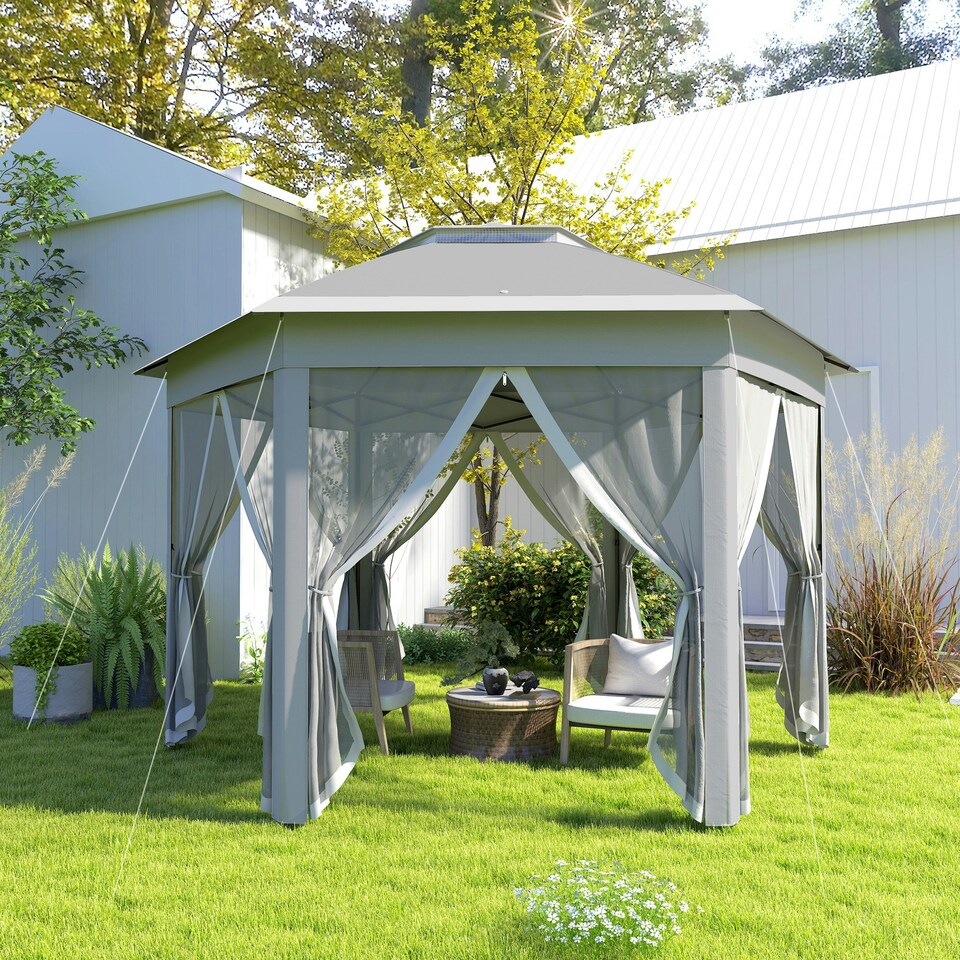 image 1 of Outsunny 3x4m Hexagon Gazebo w/ Mesh Curtains Outdoor Garden, Dark Grey