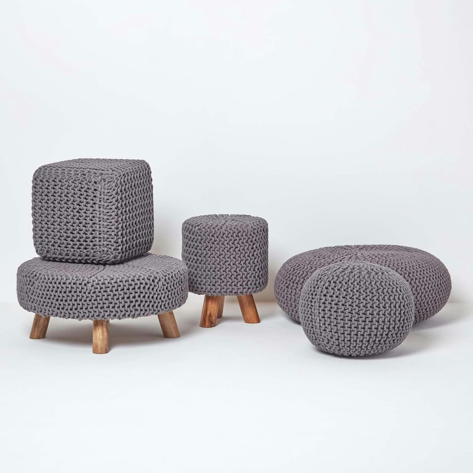 image 1 of Homescapes Sea Grey Large Round Cotton Knitted Footstool on Legs | Grey | 62 x 62 x 30 cm