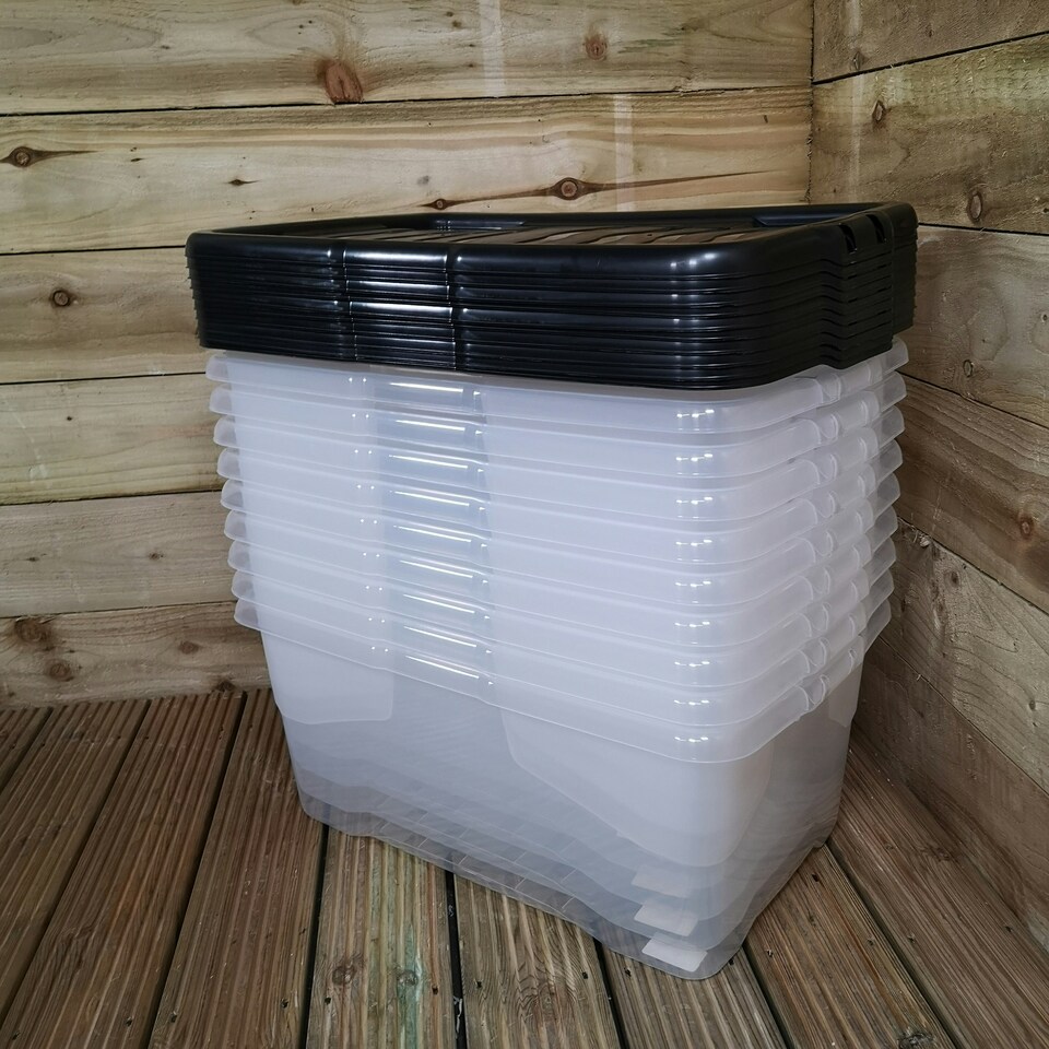 image 1 of 10 x 42L Clear Storage Box with Black Lid, Stackable and Nestable Design Storage Solution
