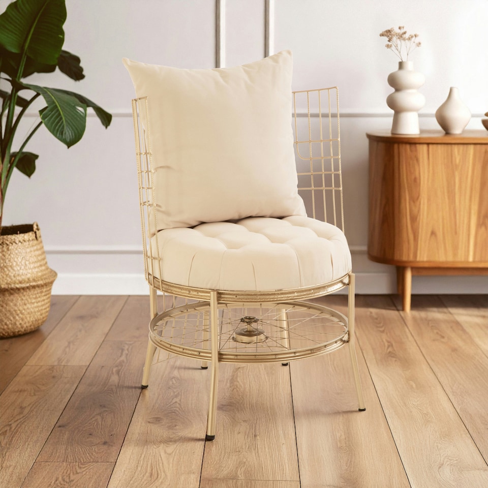image 1 of Distinctive Design Champagne Gold Finish Chair, Fabric Upholstered Arm Chair For Bedroom, Stylish Armchair Gold