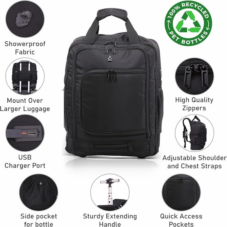 image 1 of Aerolite 45x36x20 Easyjet Maximum Size Backpack Trolley Bag With 2Wheels Cabin Luggage Approved Extendable Handle Travel Holdall Rucksack with10 Year Warranty Black