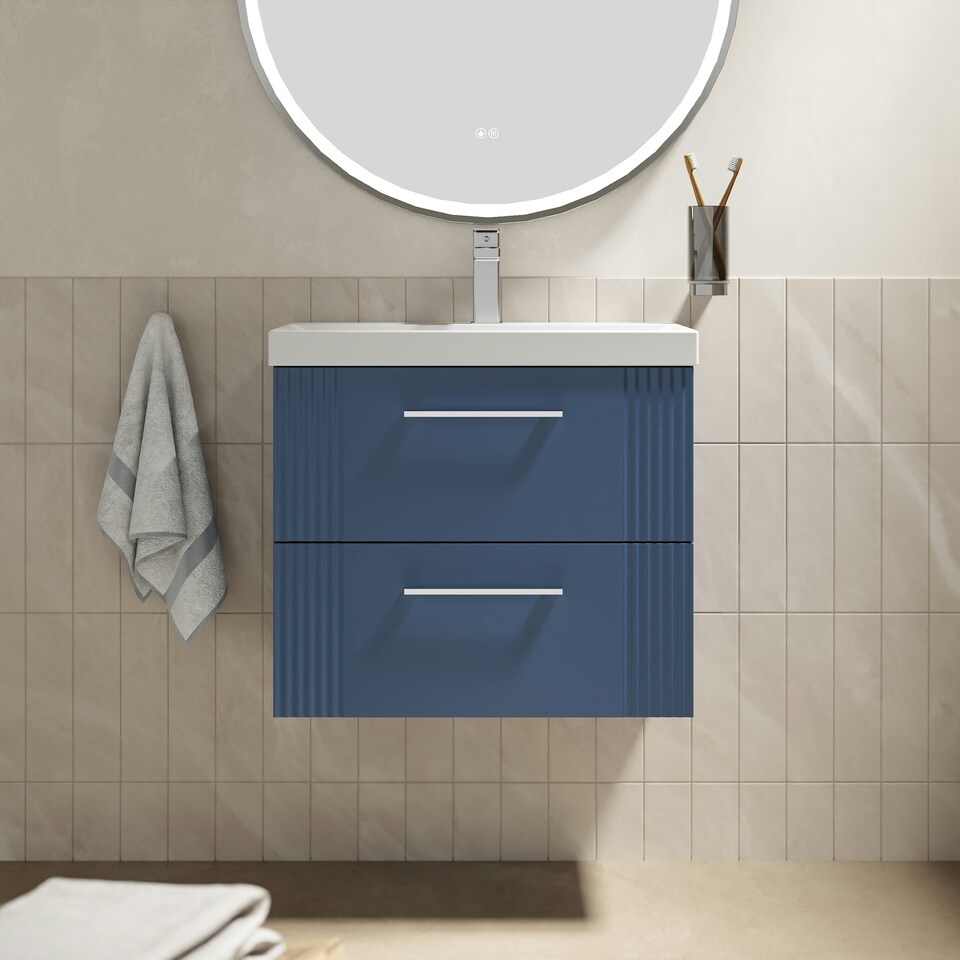 image 1 of Retro 2 Drawer Wall Hung Vanity Unit with Thin-Edge 1 Tap Hole Ceramic Basin - 600mm - Satin Blue - Balterley Blue