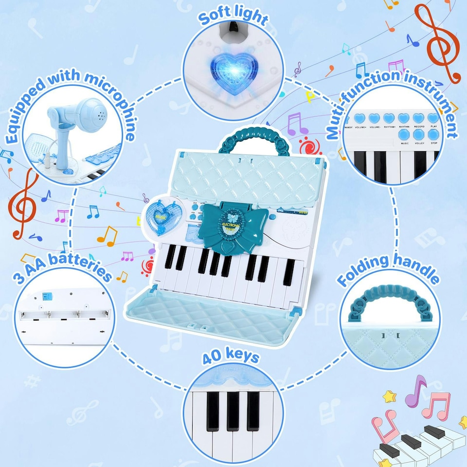 image 1 of 40-Key Folding Piano Keyboard Toy – Portable Electronic Music Toy with Lights & Sound (Blue)