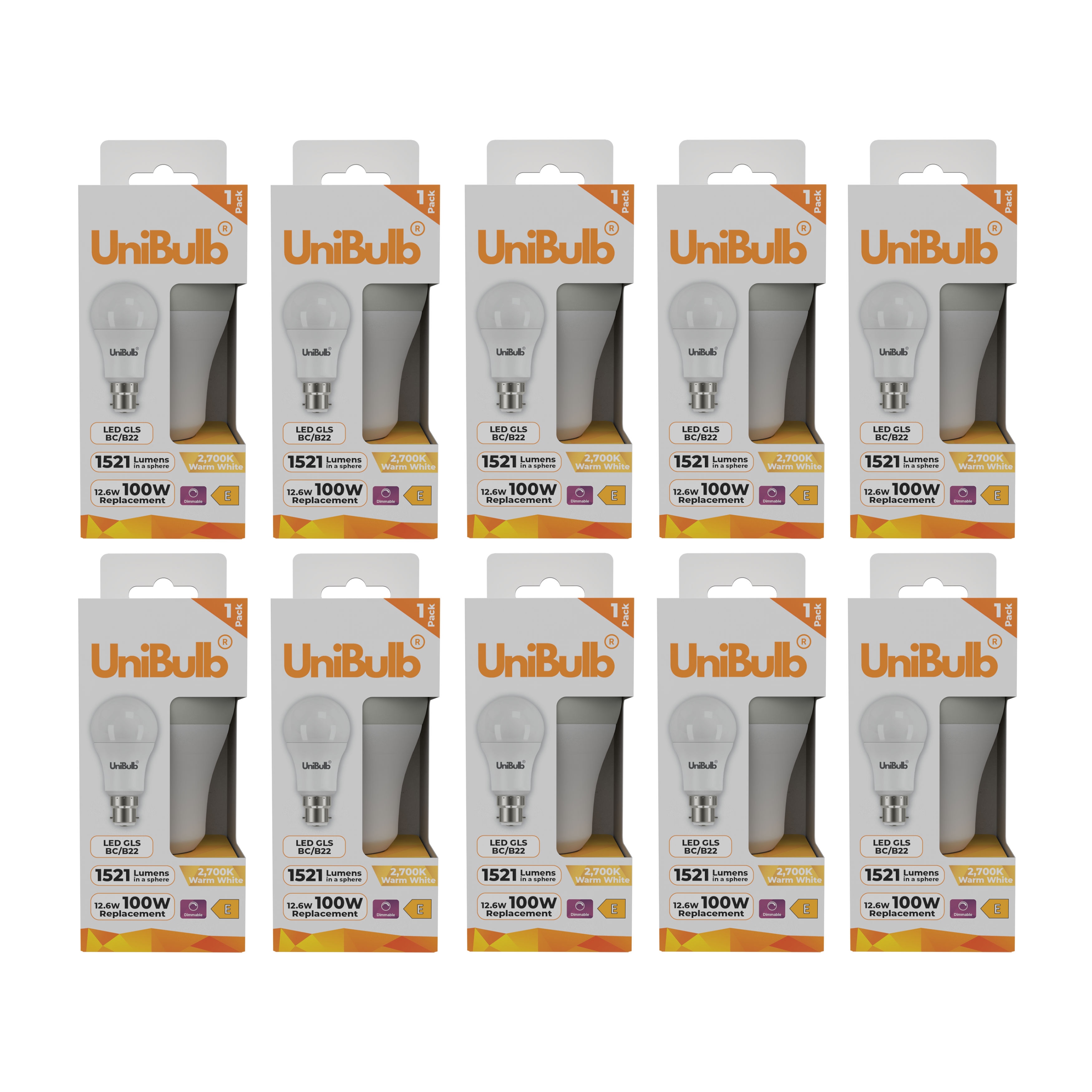 UniBulb LED GLS B22 Bayonet Cap (BC) 1521lm 12.6W (Replaces 100W) 2700K (Warm White) Dimmable Light Bulb - Pack of 10