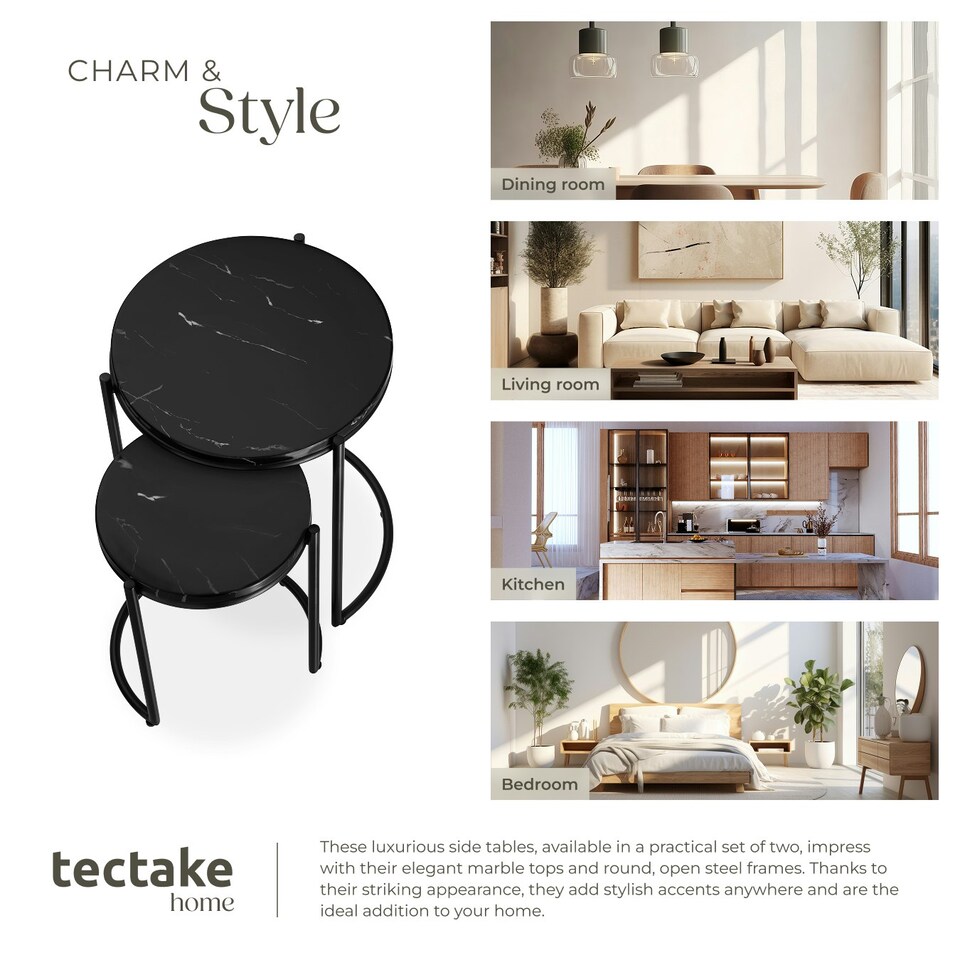 image 1 of Side Table Ellsa - marble top, steel frame, elegant design - Set of 2 Black