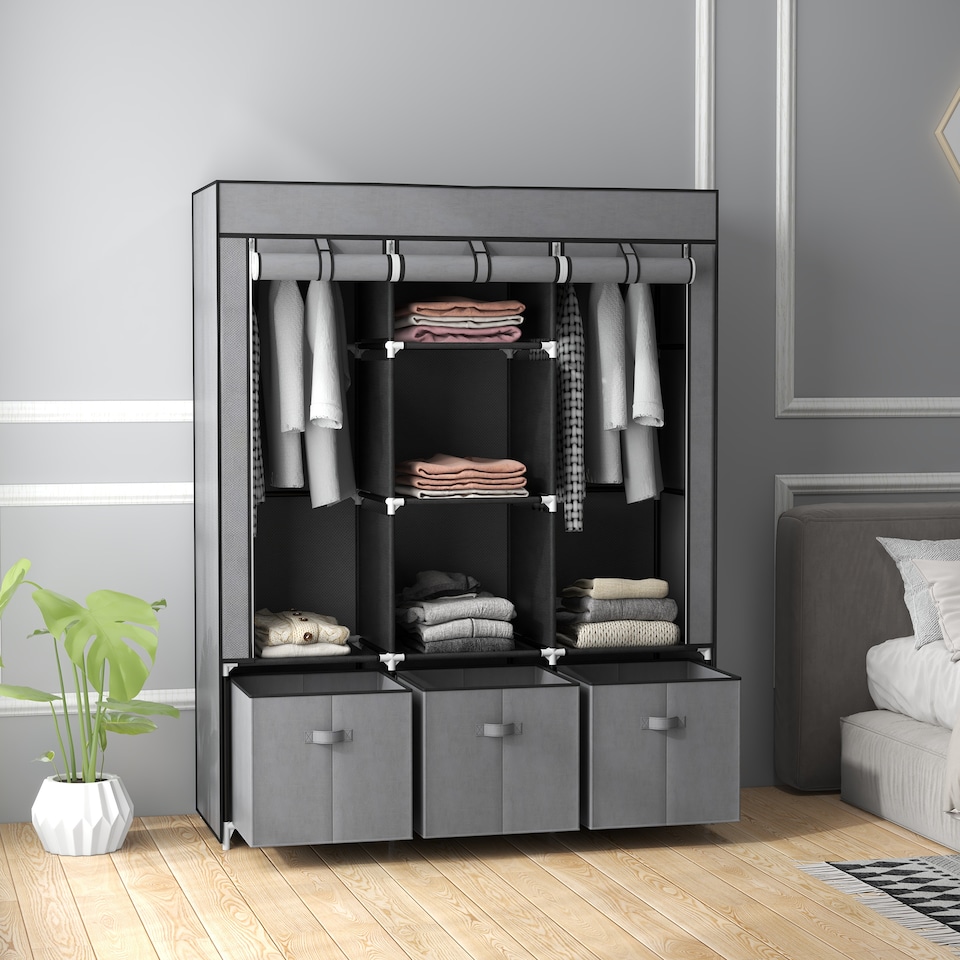 image 1 of HOMCOM Fabric Wardrobe for Bedroom, Portable Wardrobe with 5 Shelves, 2 Hanging Rails and 3 Fabric Drawers, Foldable Closet, 125 x 43 x 162.5cm, Dark Grey