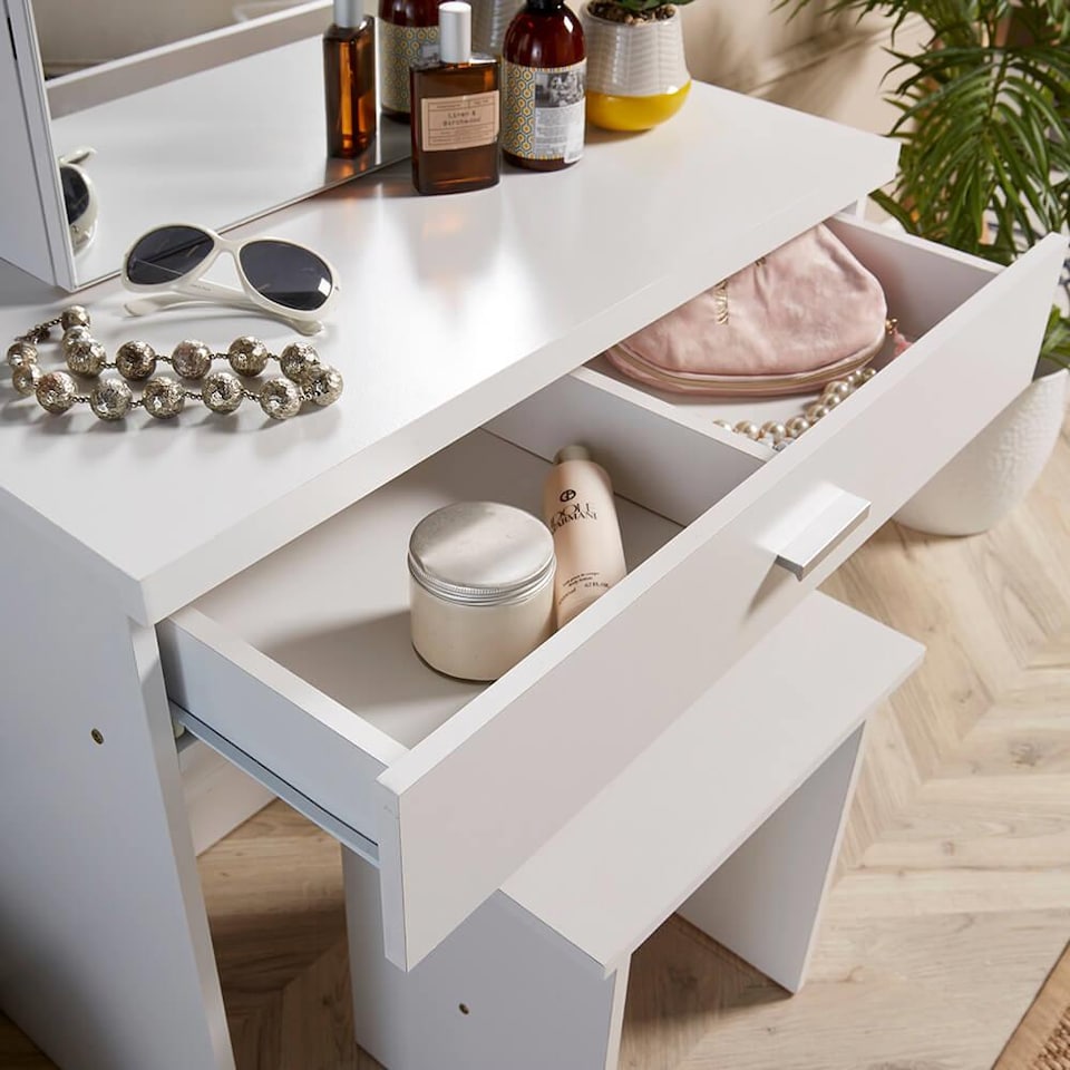 image 1 of Makeup Dressing Table Set With Sliding Storage Space Vanity Mirror and Stool | White