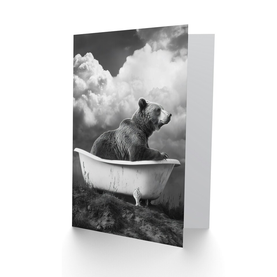 image 1 of Surreal Bear in Bathtub Black White Bath Time Birthday Greeting Card