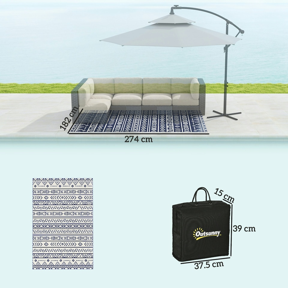 image 1 of Outsunny 1.8 x 2.7m Reversible Outdoor RV Rug, Geometric, Blue and White Blue | Blue and White Geometric
