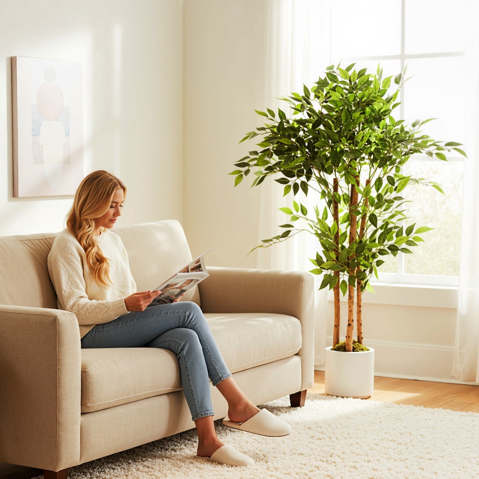 image 1 of HOMCOM 120cm Artificial Banyan Tree, Decorative Artificial Plant with Solid Wood Trunk and Pot for Indoor Living Room Home Office Decor, Green