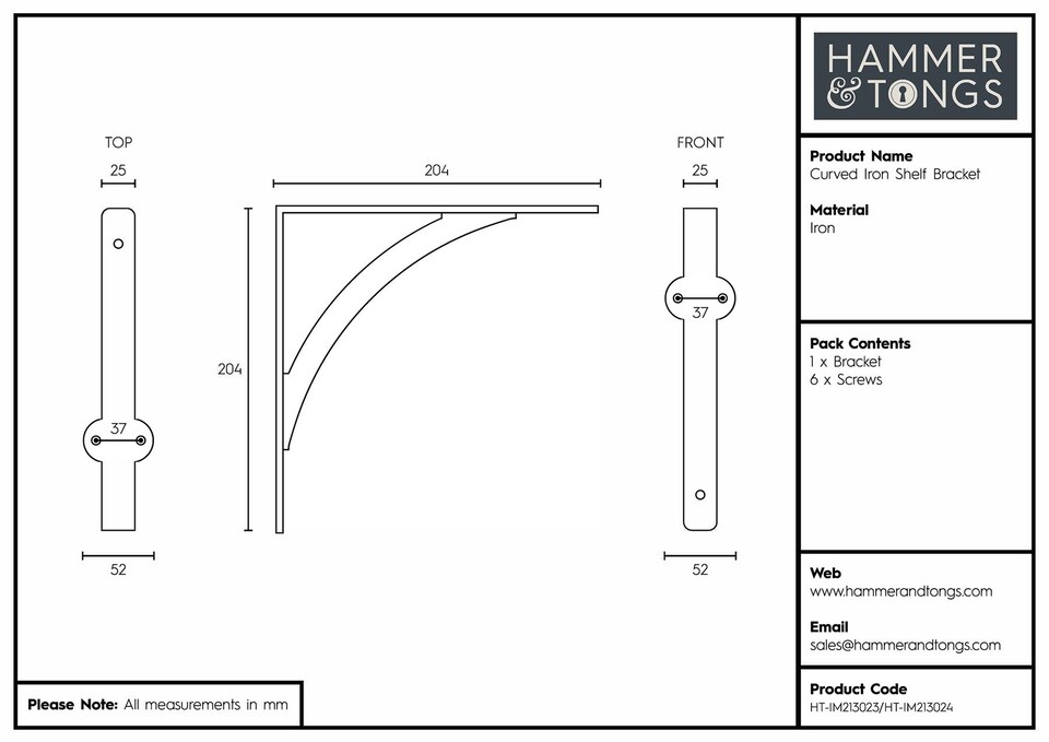 image 1 of Hammer & Tongs Curved Iron Shelf Bracket - D205mm - Black