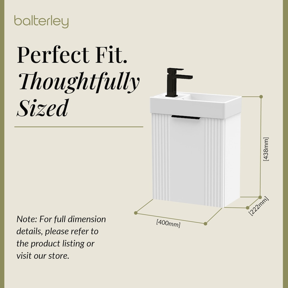image 1 of Balterley Wall Hung Cloakroom Vanity Basin Unit with Handle Compact Bathroom Storage | White | Satin White | 438 x 400 x 222mm | 1