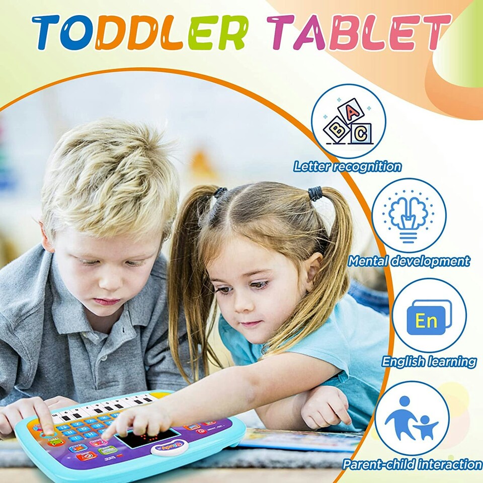 image 1 of Toddler Learning Tablet – Multi-Function Educational Musical Touch Pad with LED Screen, Piano, Animal Sounds, Numbers, Letters, and Quiz Modes for Kids (blue)