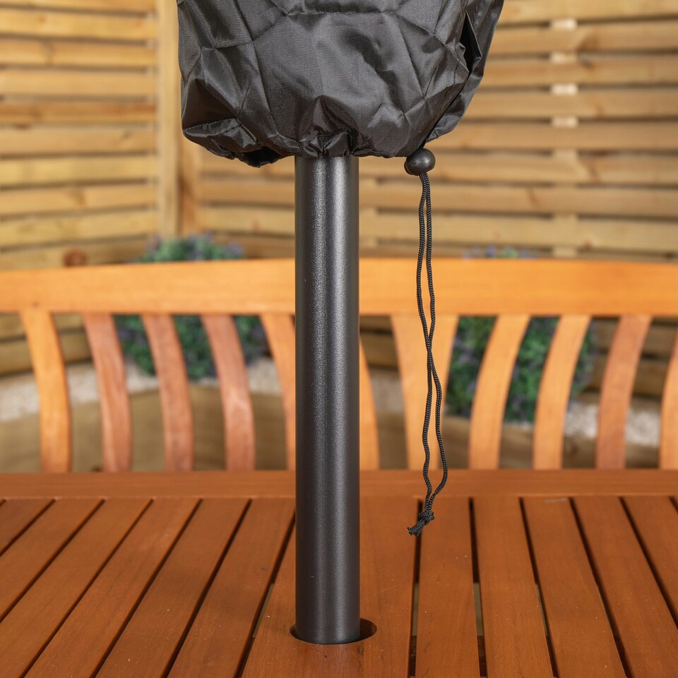image 1 of Outdoor 4 Person Rectangular Wooden Dining Table Chairs & Bench with Grey Havana Parasol & Base
