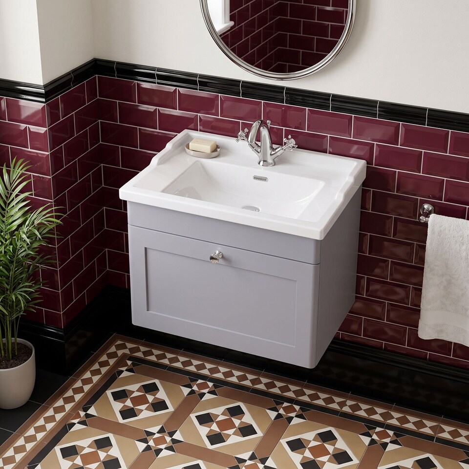 image 1 of Balterley Swynnerton Traditional 1 Drawer Wall Hung Vanity Unit with Basin, Satin Grey, 600mm