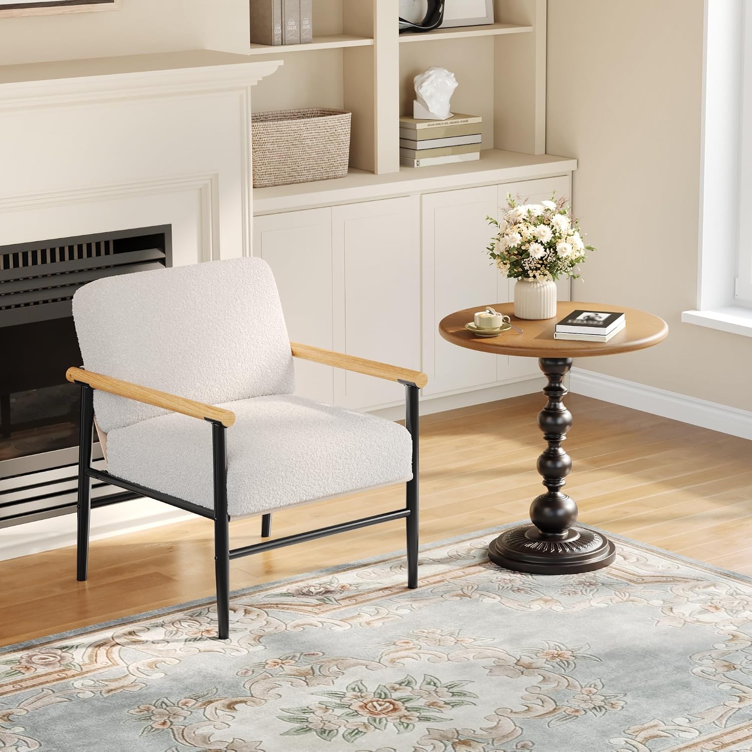 London Boutique Teddy Fleece Accent Chair,Breathable Fabric&High-Density Foam,Beige Removable Cushion&Wood Arms,Modern Living Room Bedroom Lounge Chai