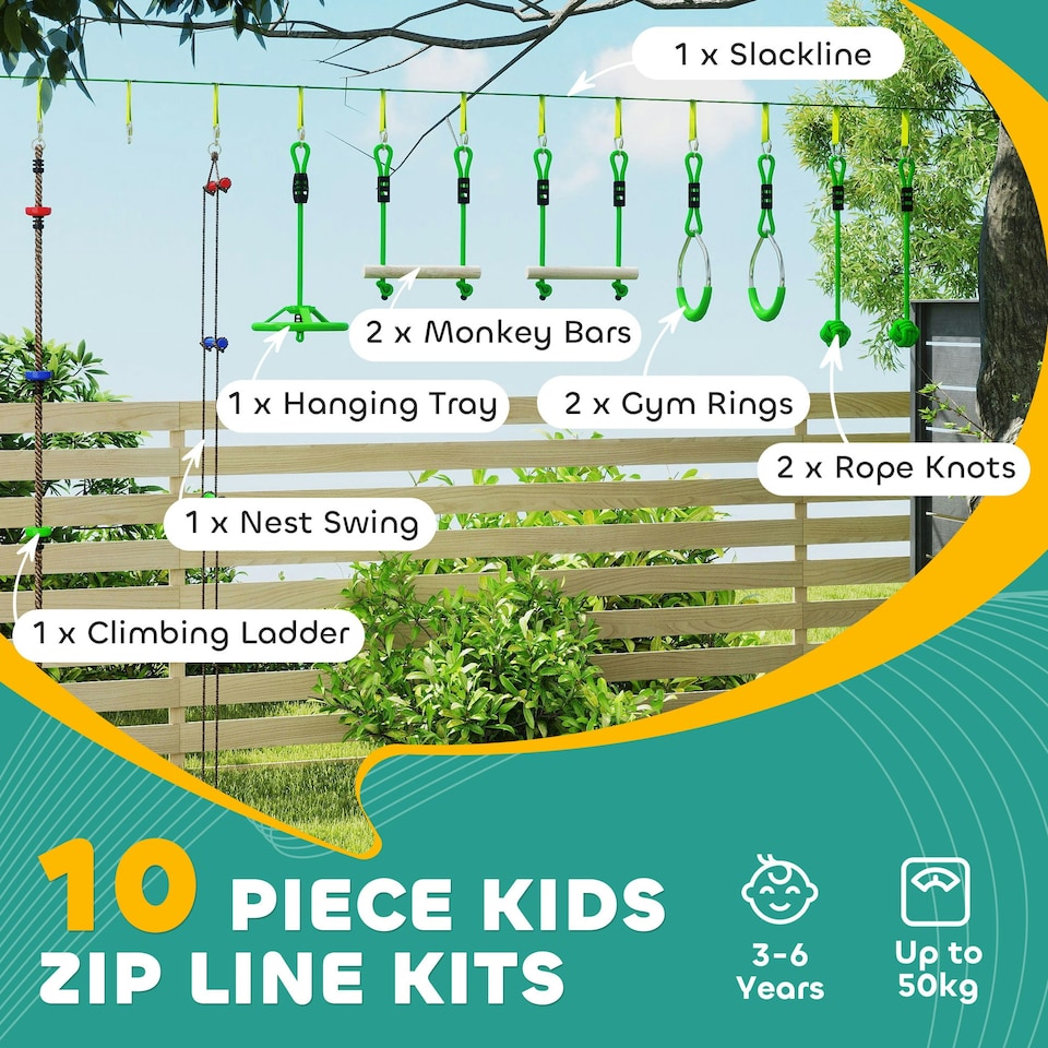 image 1 of AIYAPLAY Obstacle Course for Kids with 10PCs Slackline Kit, Green