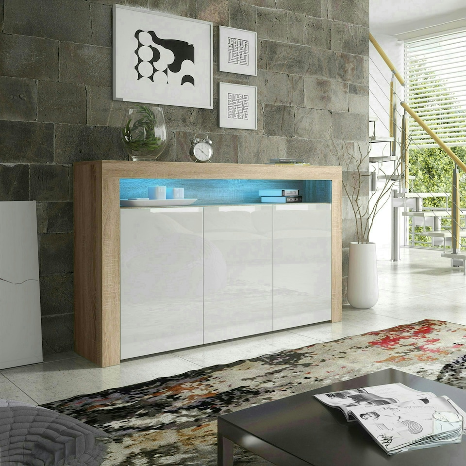 image 1 of Sideboard 155cm White Gloss Doors Oak Matt Body Free LED Shelf | Multi | Oak