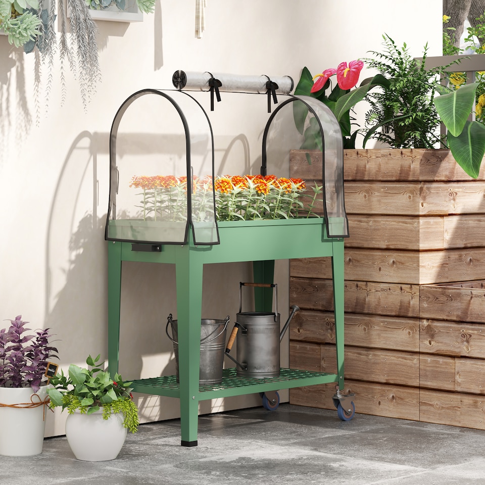 image 1 of Outsunny Mobile Raised Garden Bed with Greenhouse Cover, Green | Green | Green