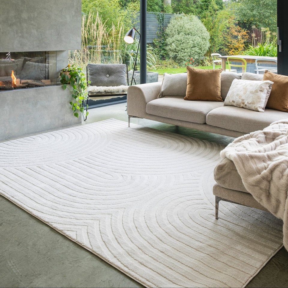 image 1 of KUKOON Retro Grooves Plush Pile Cream Beige Living Room Area Rug 200cm x 290cm