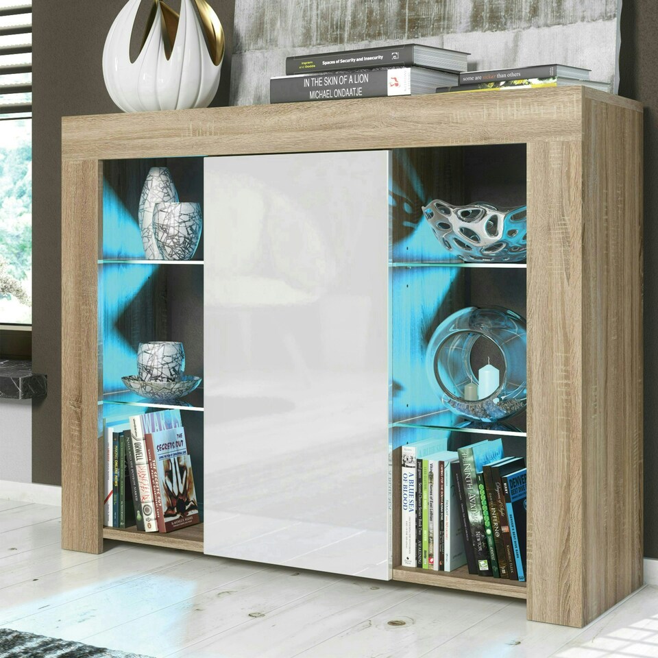 image 1 of Sideboard 97.5cm White Gloss Door Oak Matt Body Glass Shelves Free LED Multi | Oak & White