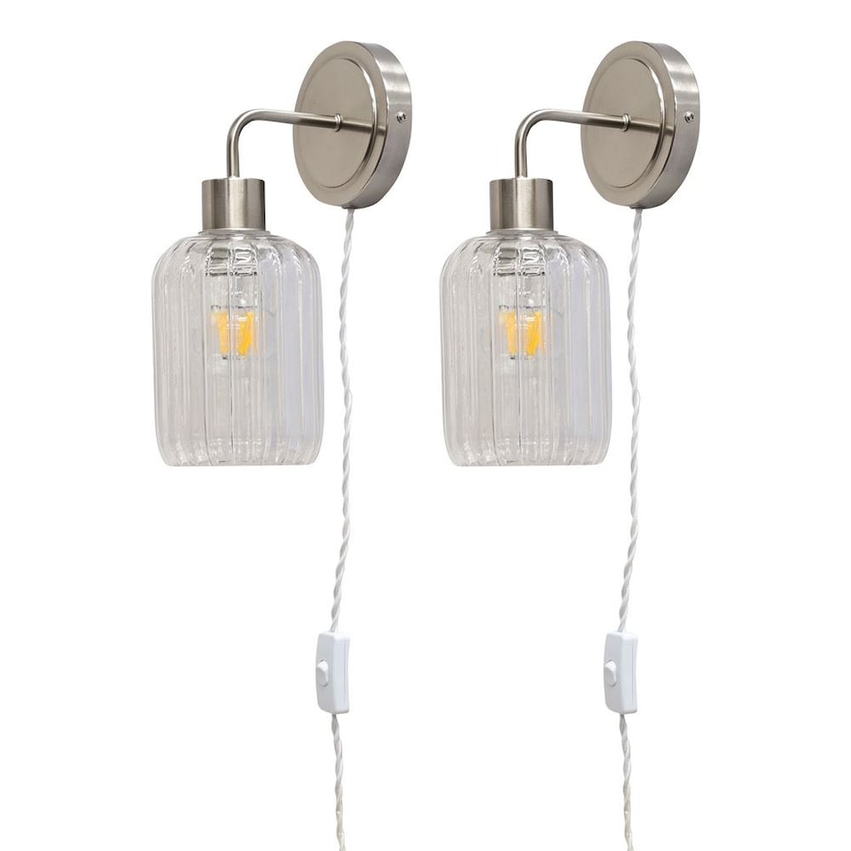image 1 of Set of 2 Toby - Satin Nickel Plug in Wall Lights Ribbed Glass Shades