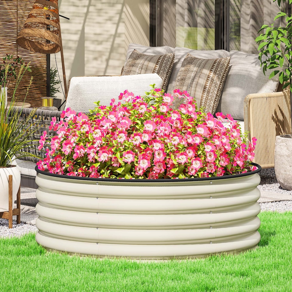 image 1 of Outsunny Galvanised Planter with Gloves, 120 x 120 x 43cm, Cream White | Cream | Cream