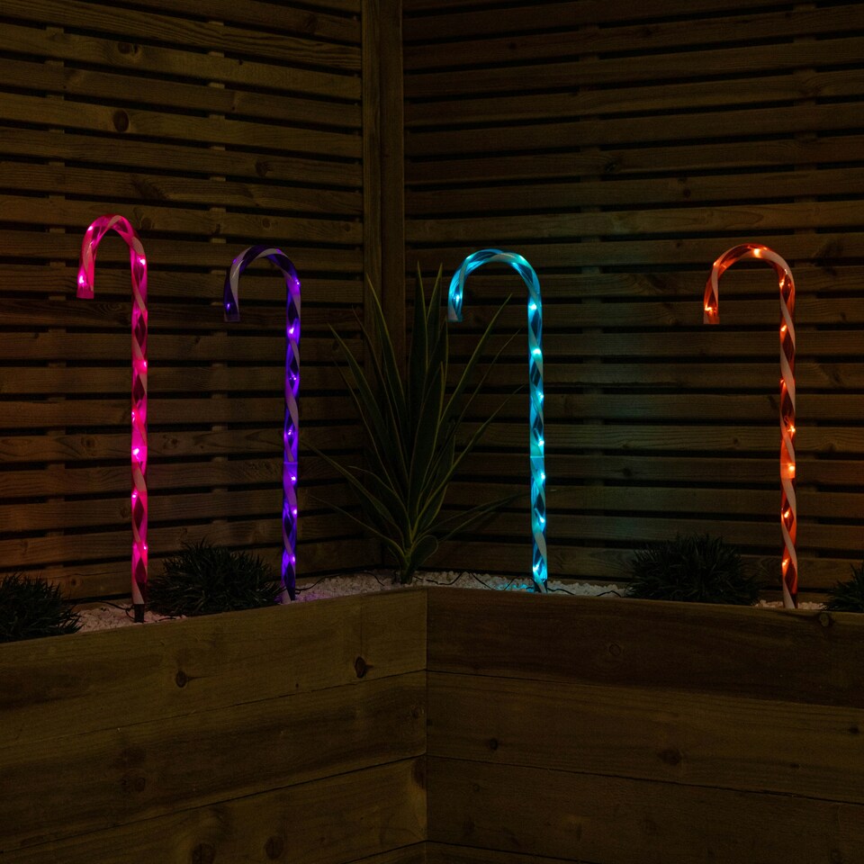 image 1 of 62cm Set of 4 Light up Christmas Candy Cane Garden Path Lights with 40 Rainbow LEDs